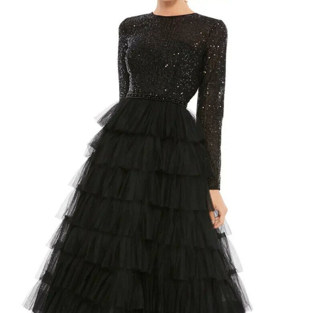 Mac Duggal Black Sequin Tiered Long Sleeve Tulle Dress